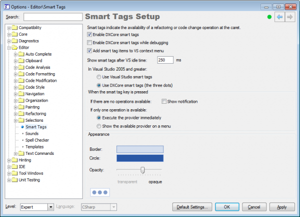 DXCore Smart Tags options page