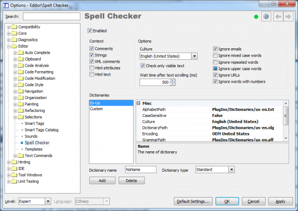 CodeRush Spell Checker options page