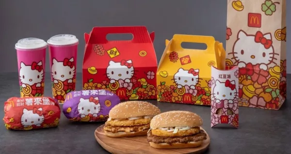 麥當勞有Hello Kitty！2024春節限定「麥當勞Kitty包裝」臺灣就有，春節回歸「紅豆派、金迎招財薯來堡」速食控終於等到。